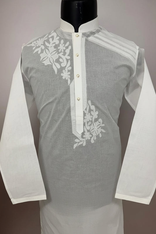 White Floral Embroidered Kurta Pajama for Men