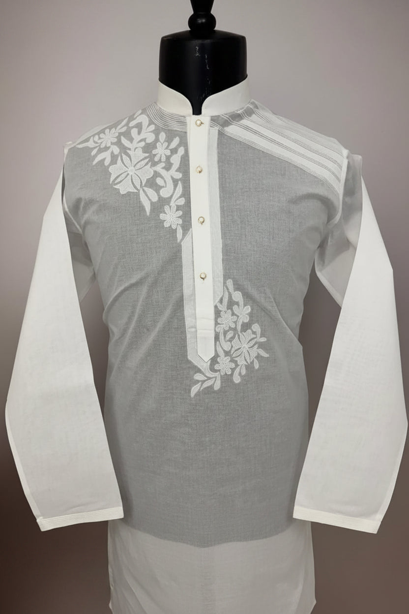 White Geometric Embroidered Kurta Pajama for Men