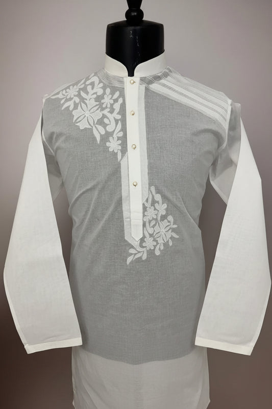 White Geometric Embroidered Kurta Pajama for Men
