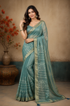 Elegant Teal Linen Saree with Floral Woven Design & Rich Zari Border