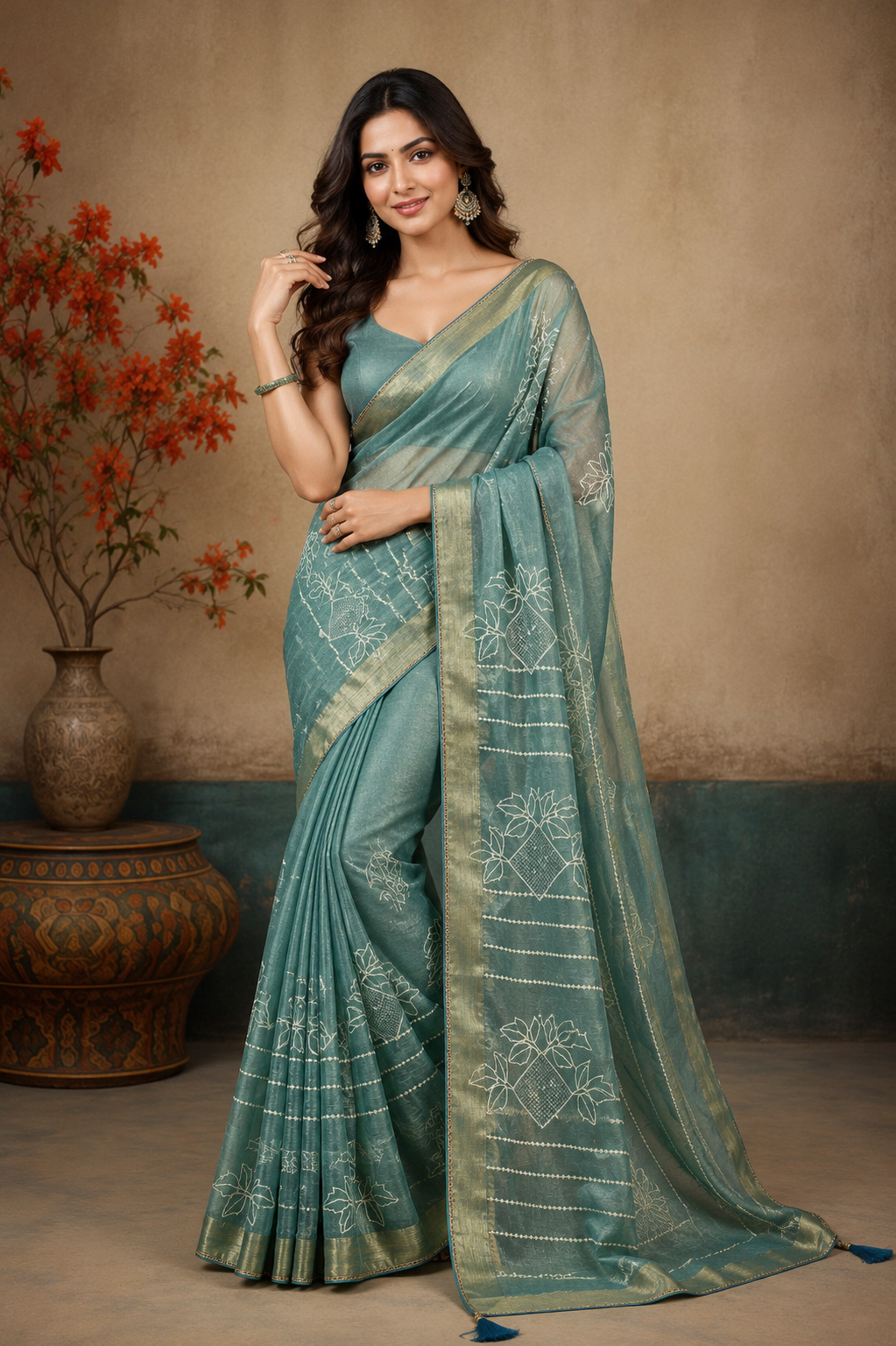 Elegant Teal Linen Saree with Floral Woven Design & Rich Zari Border