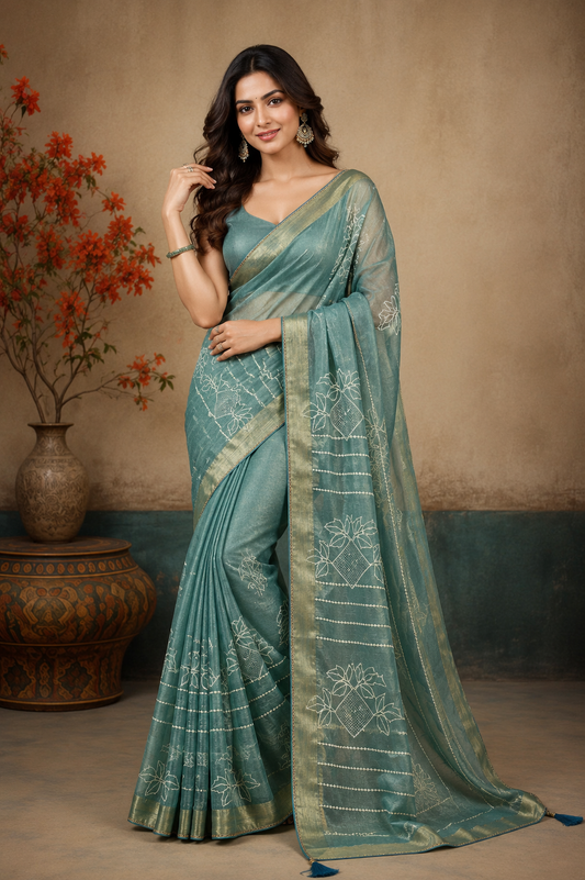 Elegant Teal Linen Saree with Floral Woven Design & Rich Zari Border