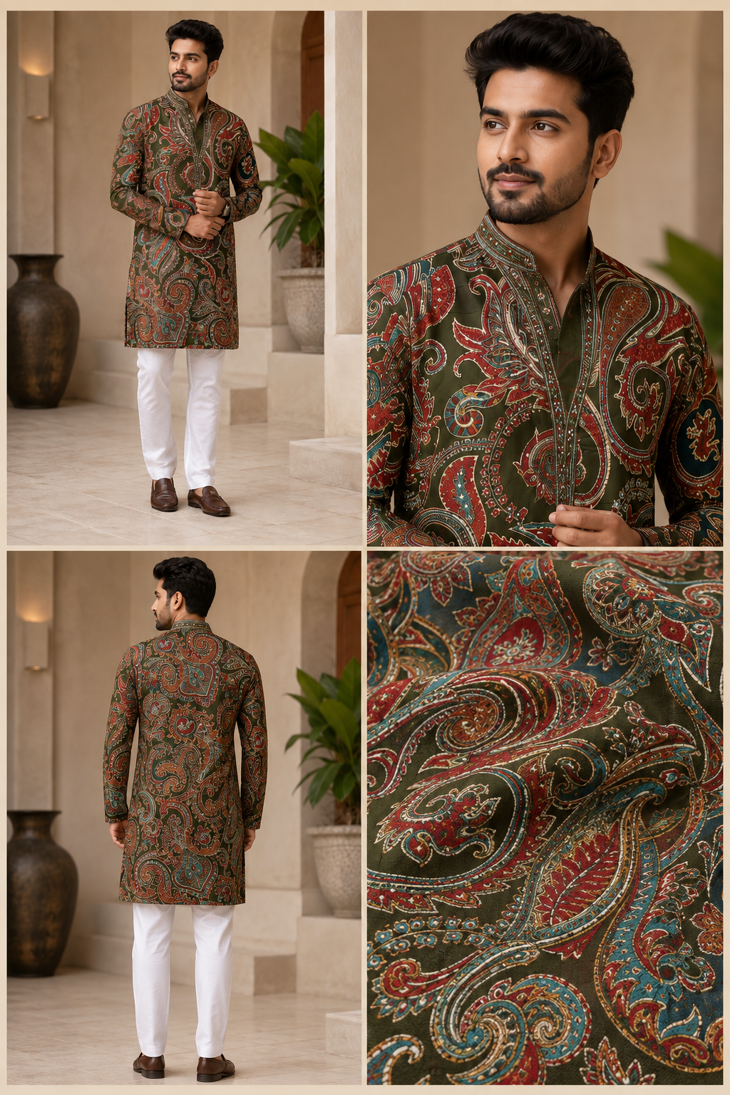 Olive Green Paisley Printed Festive Kurta for Men