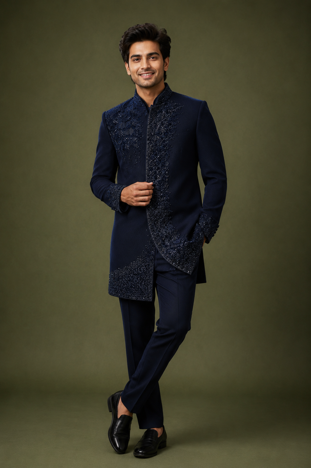 Midnight Navy Embroidered Indo-Western Sherwani