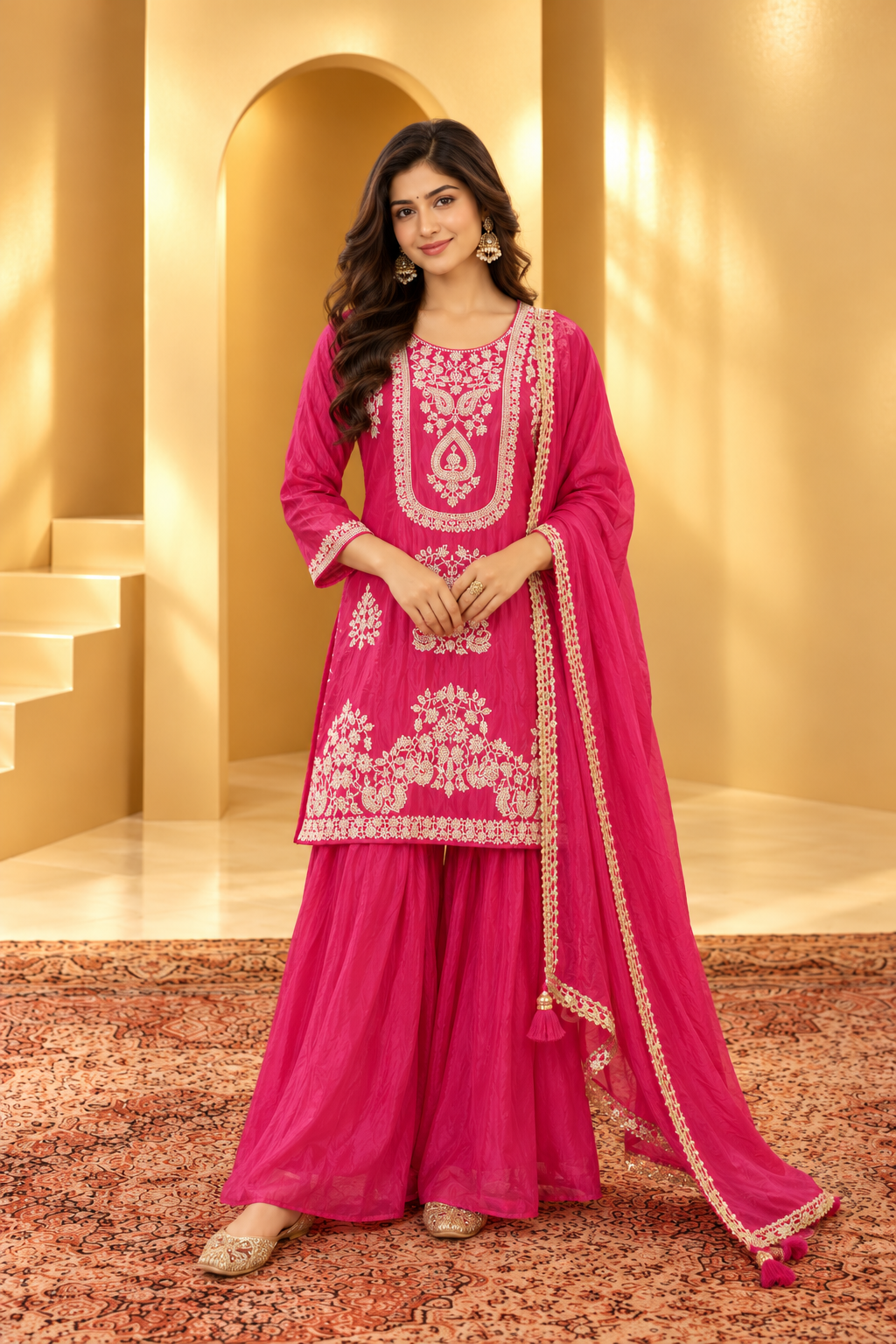 Elegant Rani Pink Embroidered Kurta Palazzo Set with Dupatta