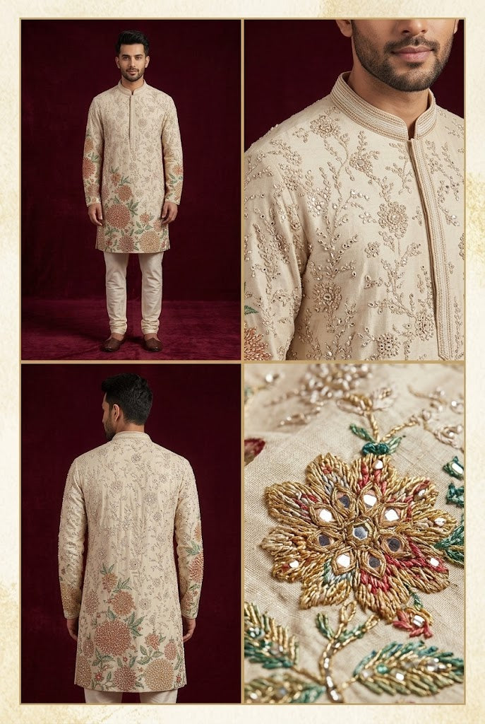 Ivory Floral Embroidered Wedding Kurta Set