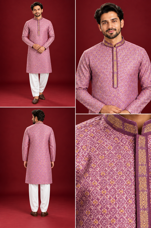 Men’s Mauve Pink Jacquard Kurta Pajama Set
