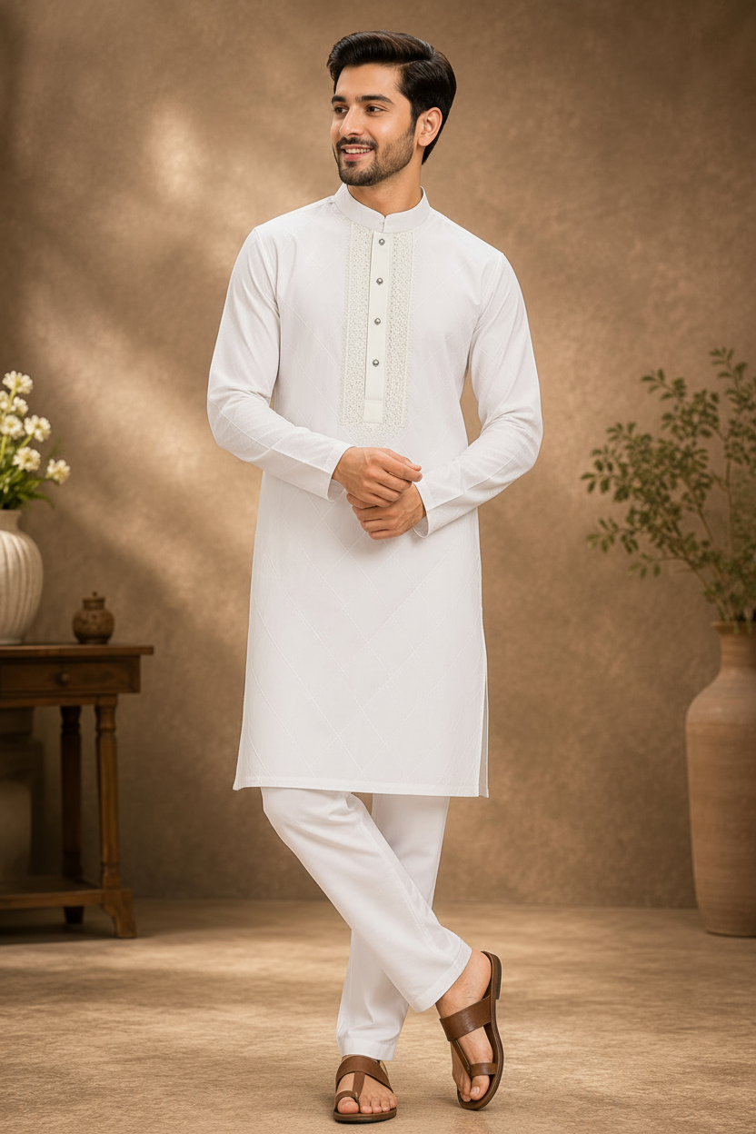 Classic White Embroidered Kurta Pajama for Men