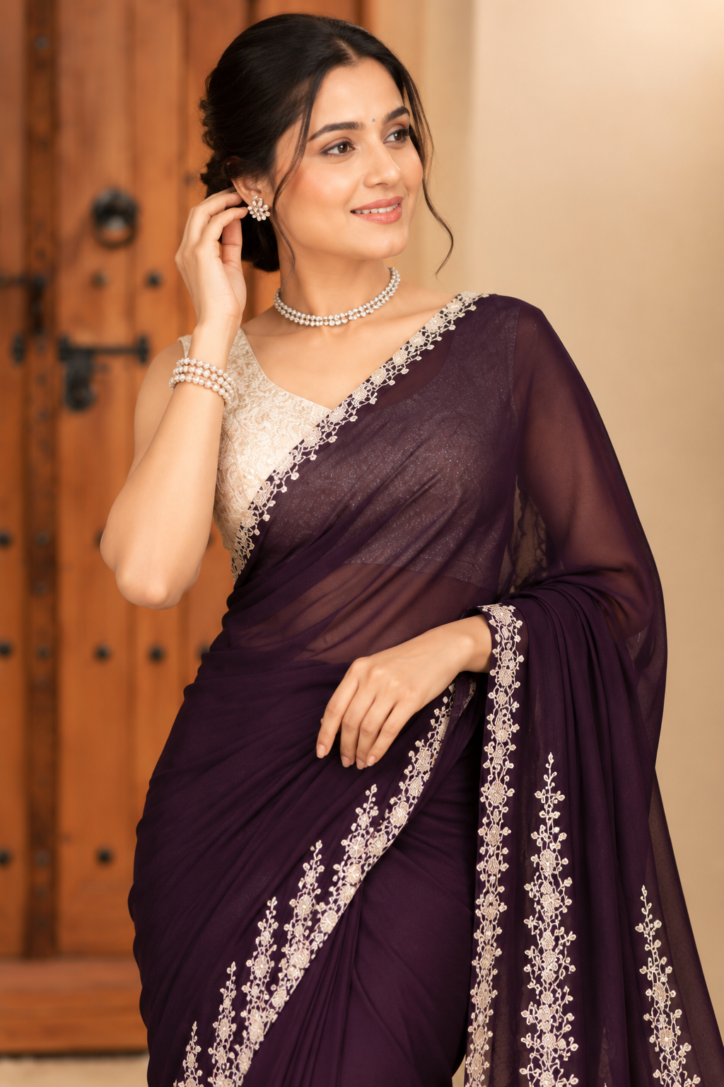 Elegant Plum Embroidered Saree