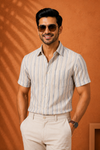 Men's Premium Beige Striped Half Sleeve Casual Shirt