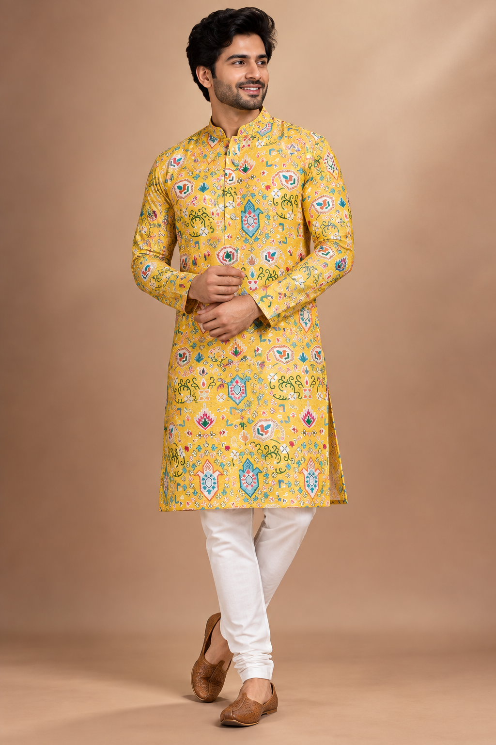 Mustard Yellow Printed Men’s Festive Kurta
