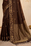 Coffee Brown Checked Silk Saree with Floral Zari Border