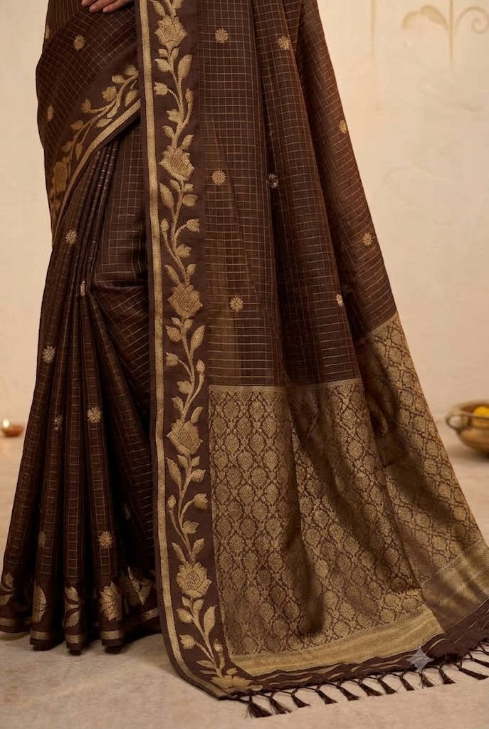 Coffee Brown Checked Silk Saree with Floral Zari Border