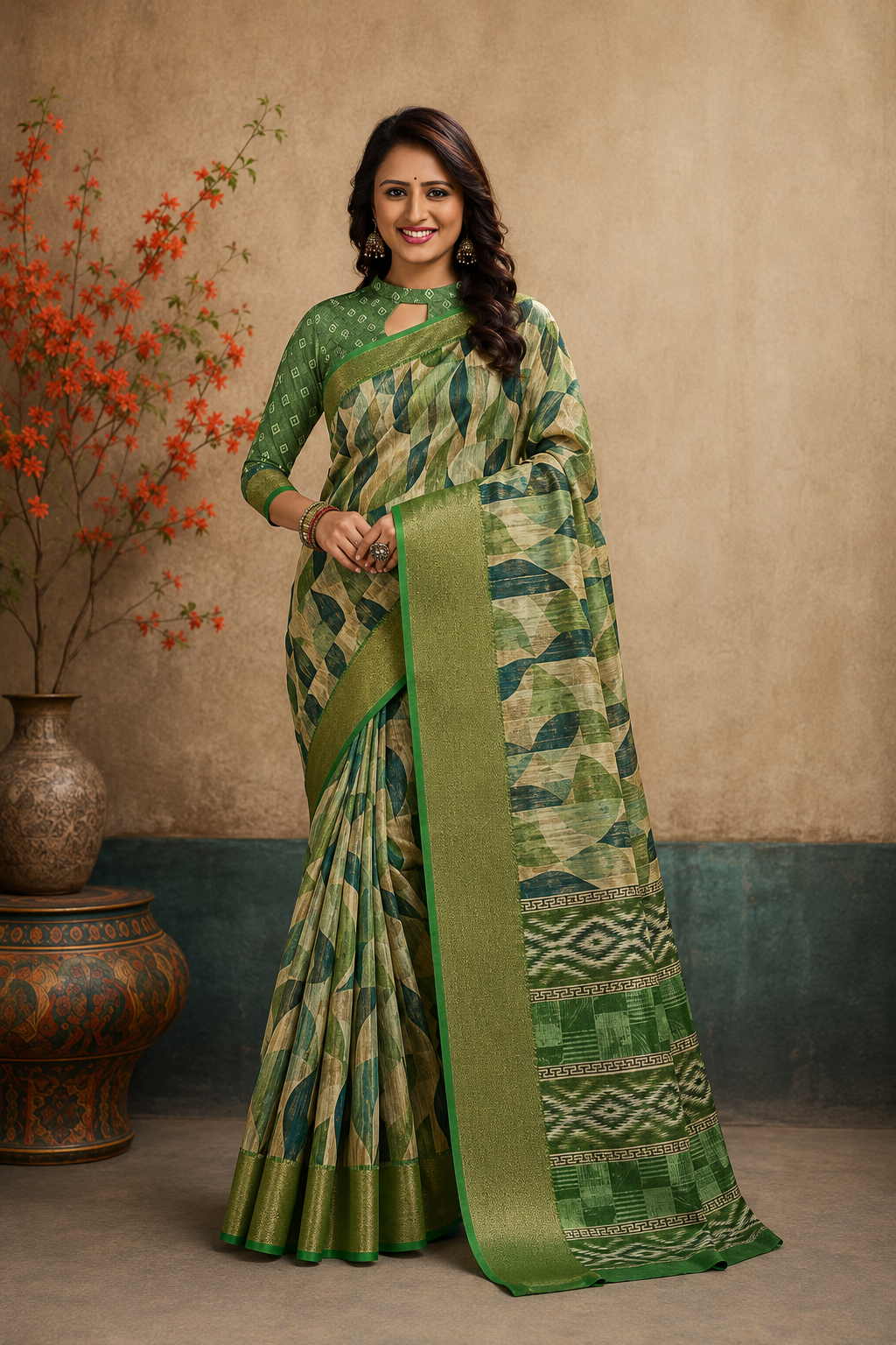Elegant Green & Navy Blue Abstract Printed Blend Saree with Rich Golden Zari Border