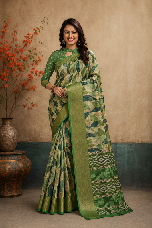 Elegant Green & Navy Blue Abstract Printed Blend Saree with Rich Golden Zari Border