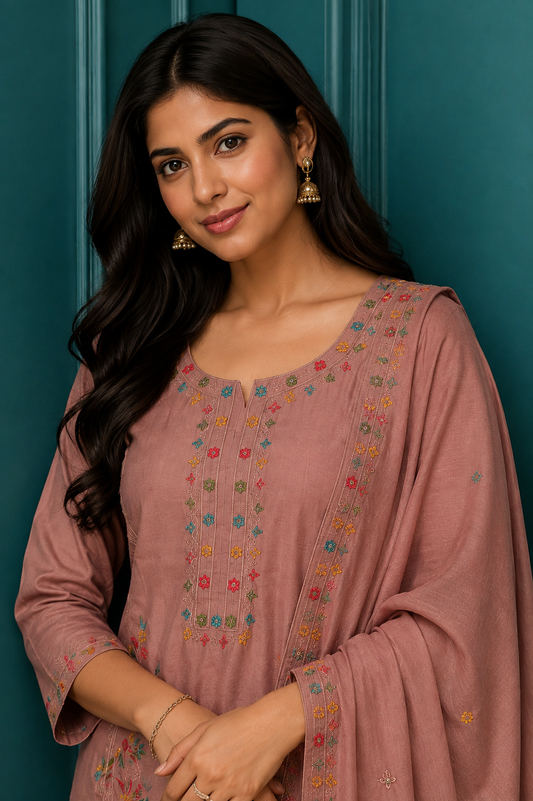 Dusty Rose Floral Embroidered Kurta, Pant & Dupatta Set