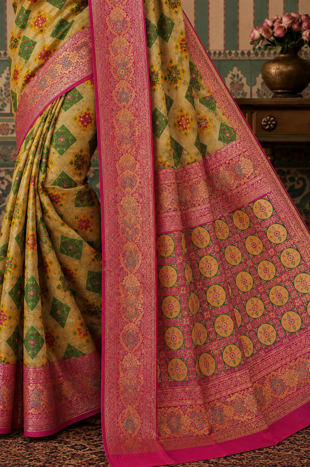 Royal Mustard Saree with Pink Zari Border