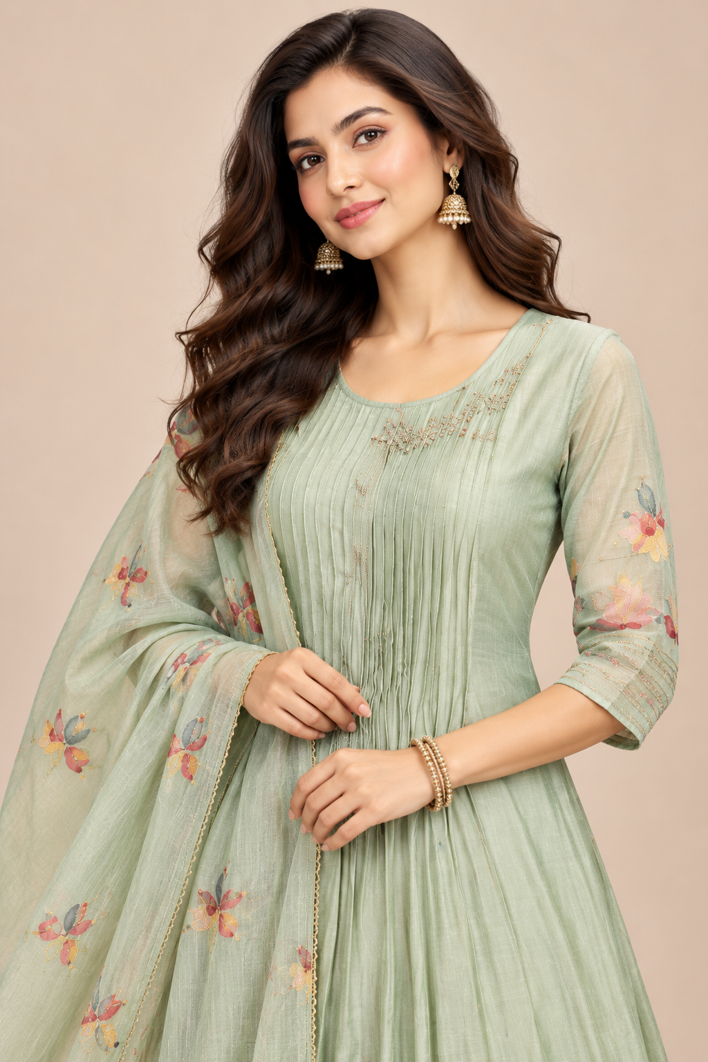 Mint Green Floral Embroidered Anarkali Set