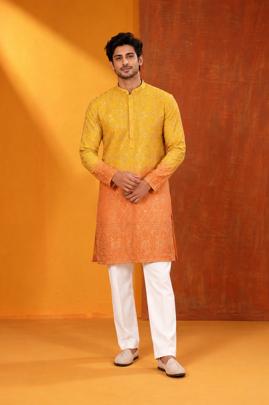 Mustard Yellow & Orange Embroidered Festive Kurta Set
