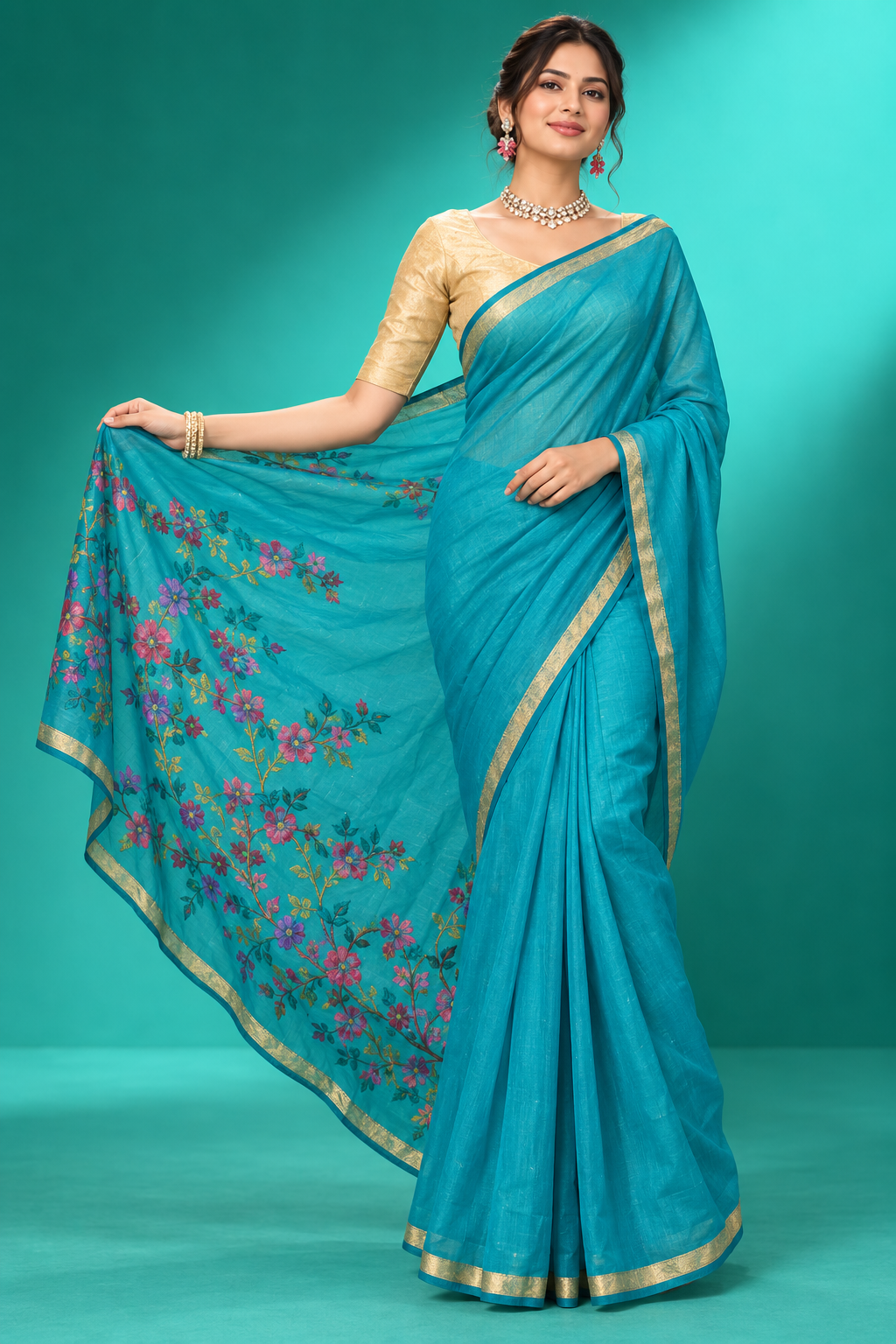 Turquoise Floral Elegance Saree