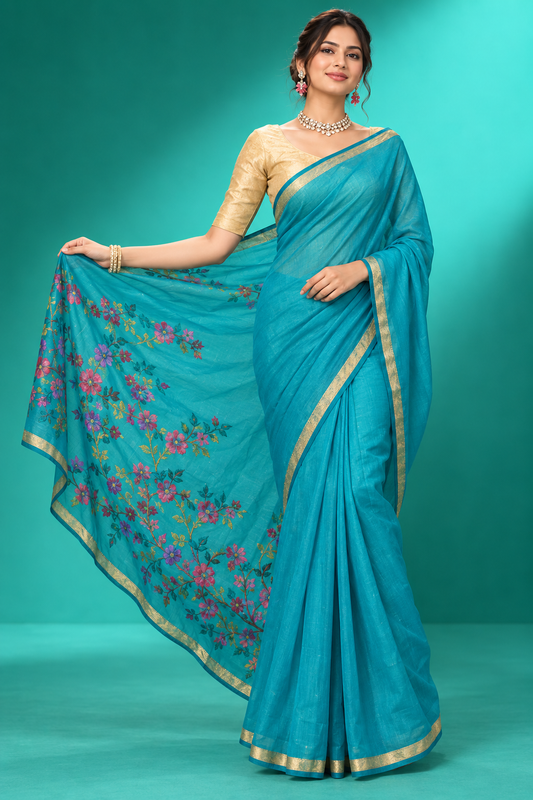 Turquoise Floral Elegance Saree