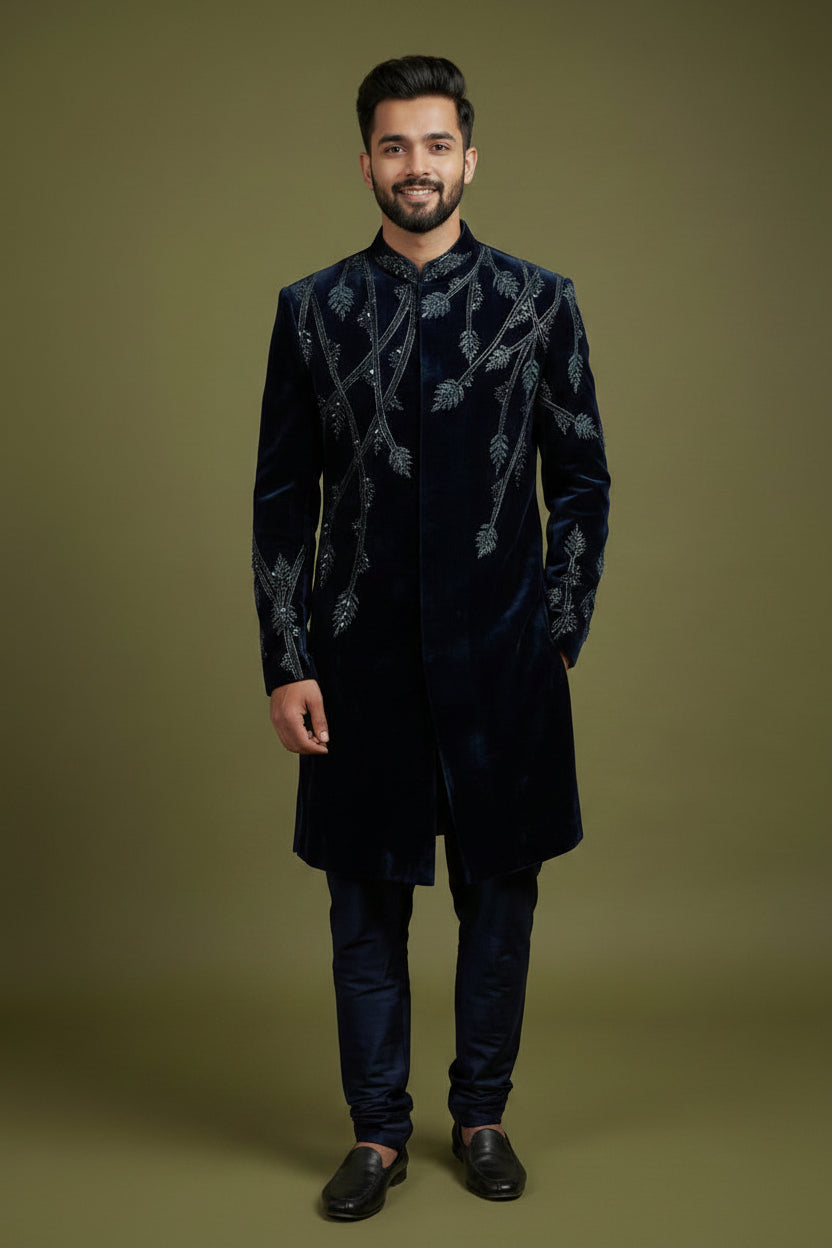 Midnight Navy Embroidered Indo-Western Sherwani