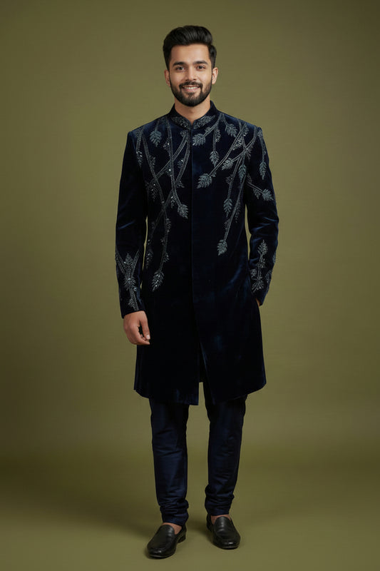 Midnight Navy Embroidered Indo-Western Sherwani
