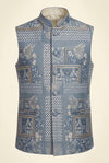 Premium Blue Jacquard Printed Nehru Jacket