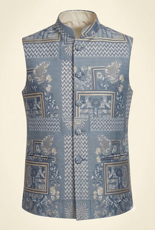 Premium Blue Jacquard Printed Nehru Jacket