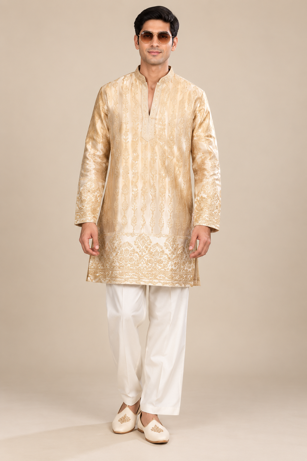 Royal Cream Gold Embroidered Kurta Set