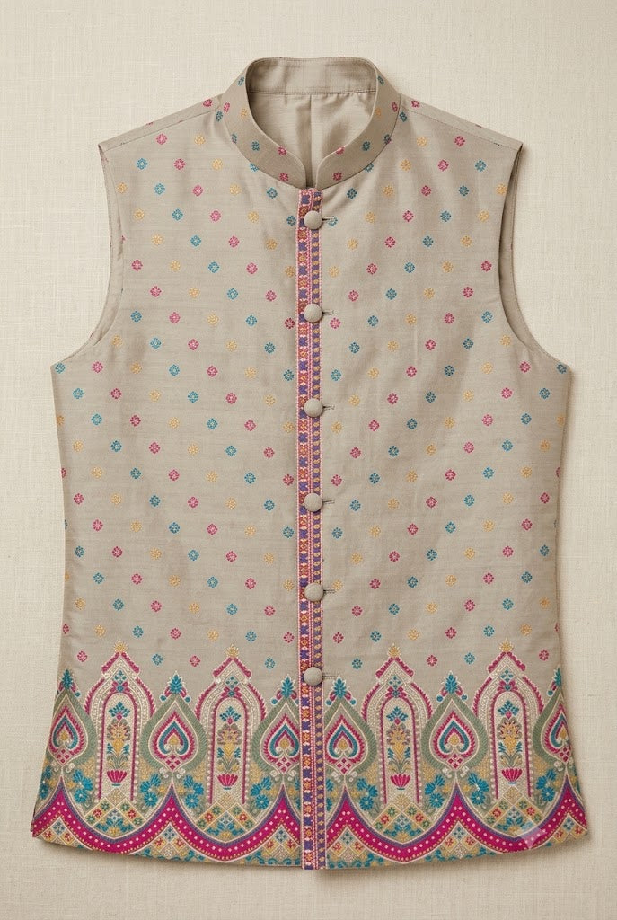 Ivory Multicolour Printed Nehru Jacket for Men