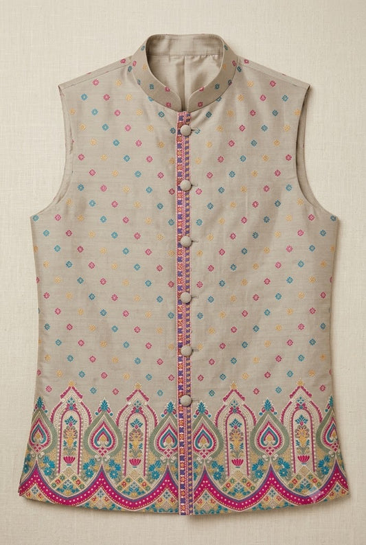 Ivory Multicolour Printed Nehru Jacket for Men