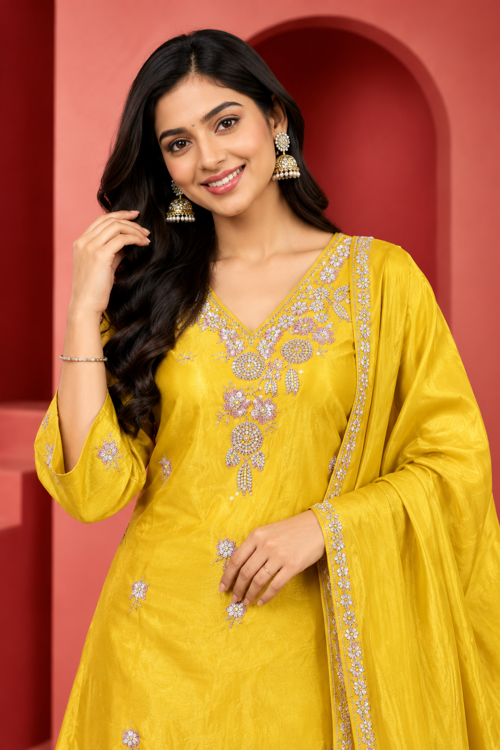 Mustard Yellow Embroidered Kurta Pant Set with Dupatta