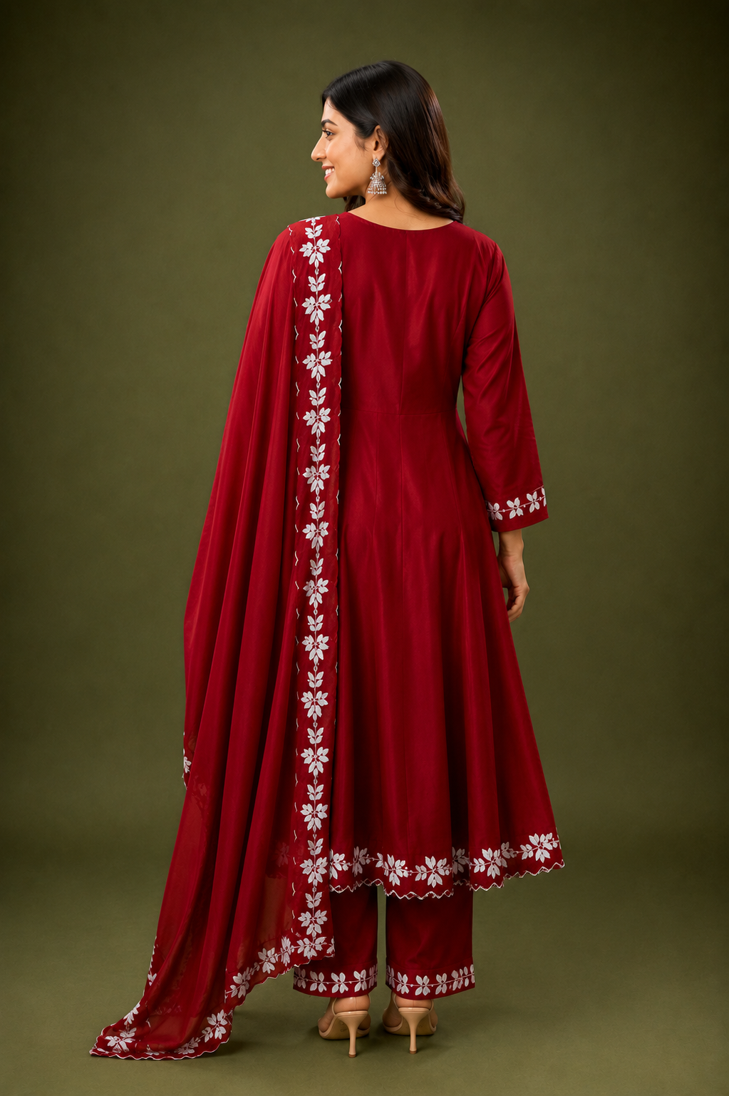 Women’s Maroon Embroidered Anarkali Kurta Set with Dupatta