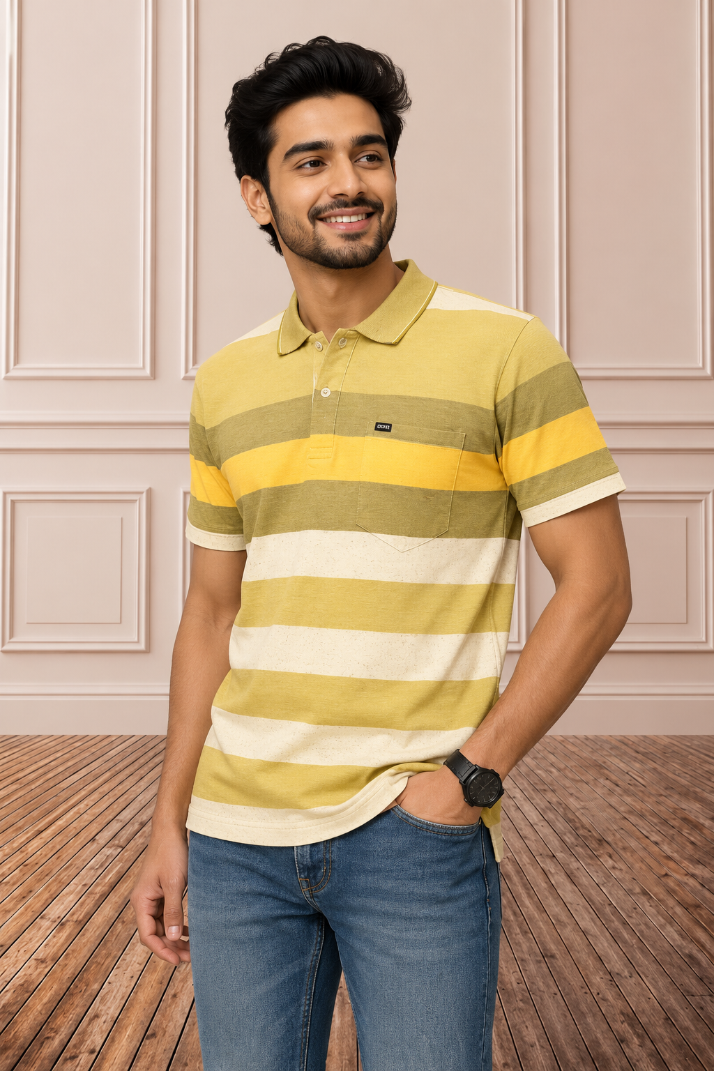 Men's Striped Polo T-Shirt with Chest Pocket | Yellow, Olive & White