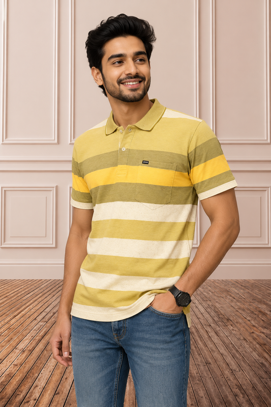 Men's Striped Polo T-Shirt with Chest Pocket | Yellow, Olive & White