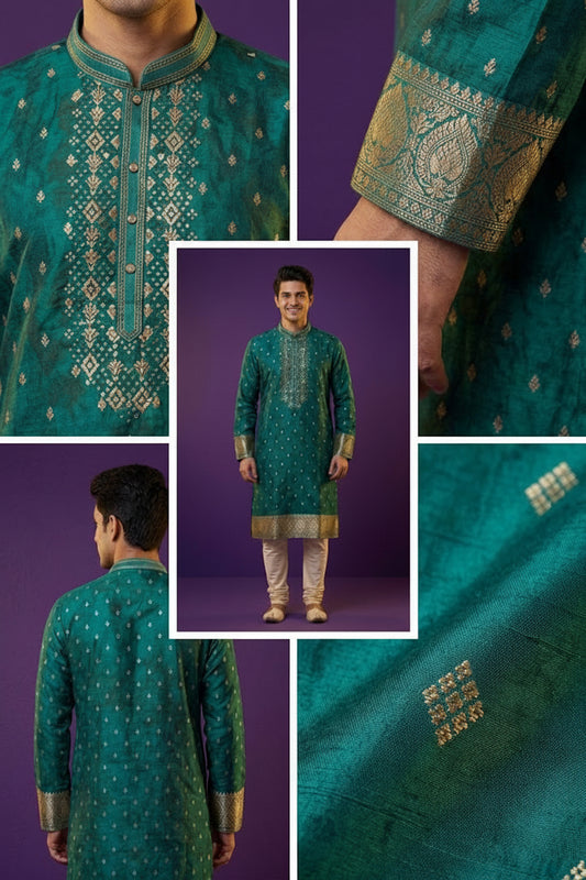 Men’s Emerald Green Embroidered Festive Kurta