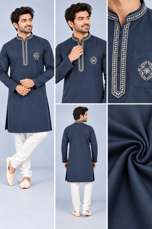 Navy Blue Embroidered Men’s Ethnic Kurta