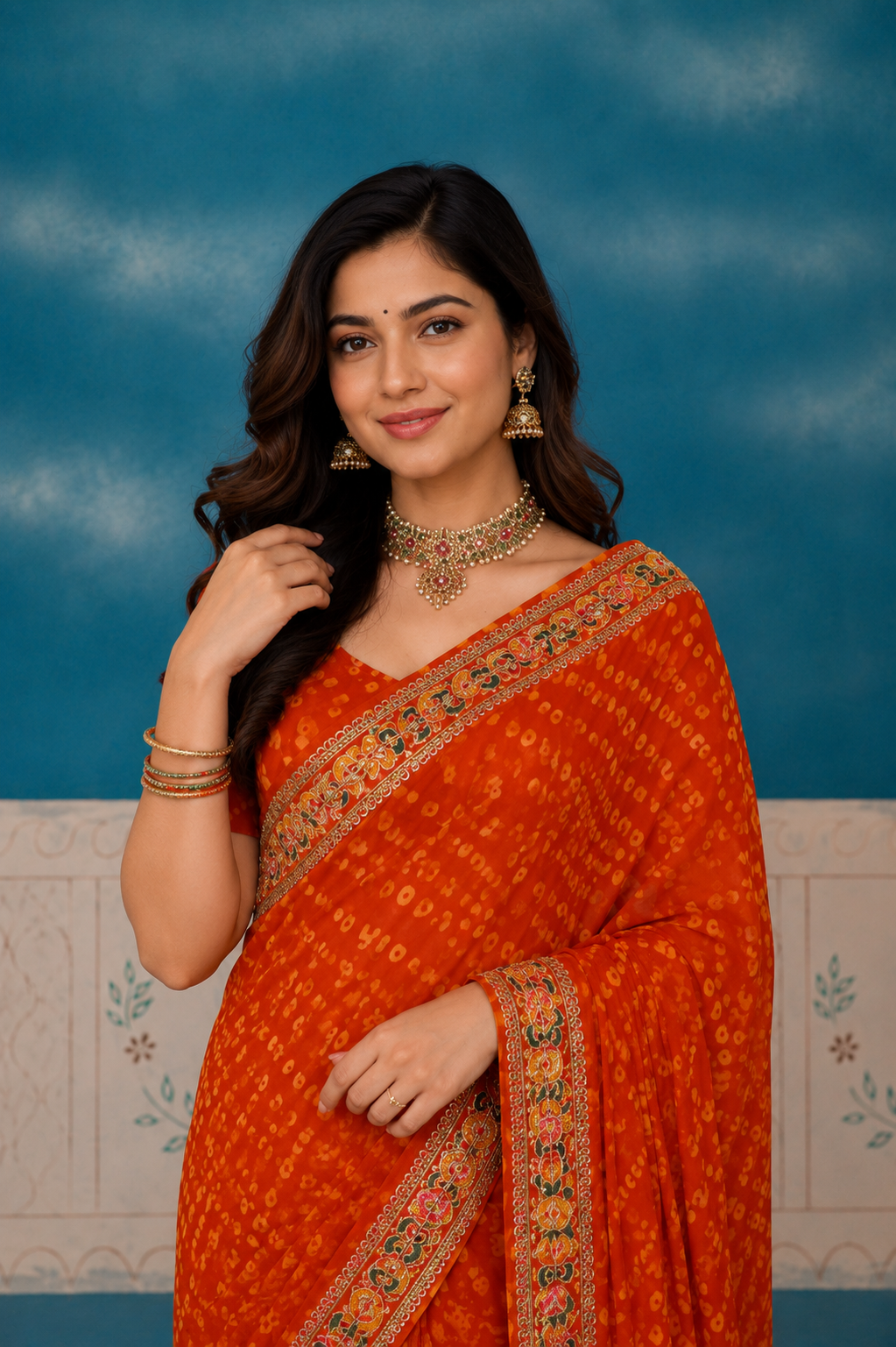 Radiant Orange Bandhani Printed Saree with Embroidered Border | Festive Ethnic Saree for Women