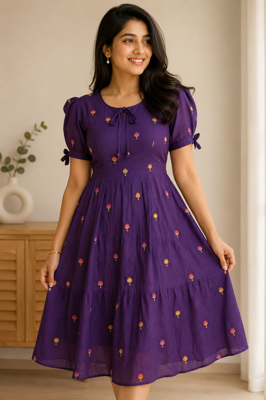 Royal Purple Embroidered Fit & Flare Midi Dress