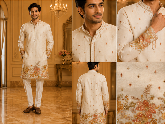Ivory Floral Embroidered Men’s Festive Kurta