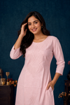Women's Blush Pink Embroidered Cotton Blend Co-Ord Set | 3/4 Sleeve Kurta & Straight Pant