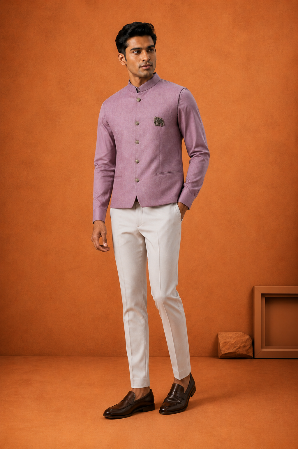 Men Mauve Plain Self Texture Shirt Jacket Set