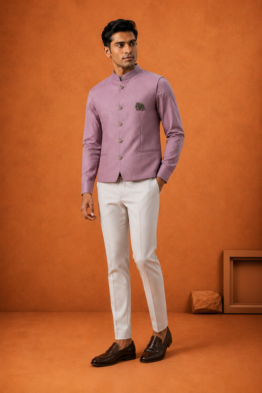 Men Mauve Plain Self Texture Shirt Jacket Set