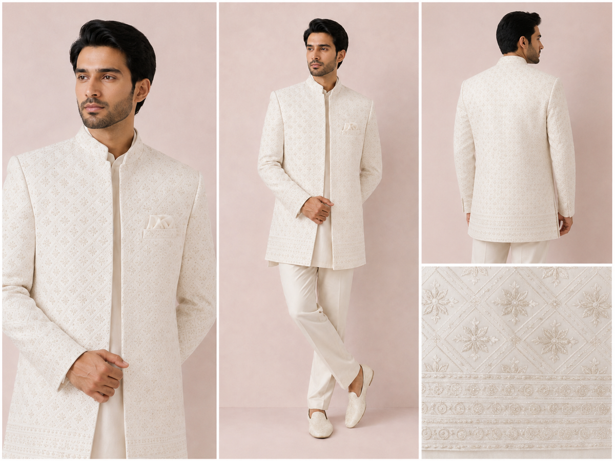 Ivory Embroidered Indo-Western Sherwani Set