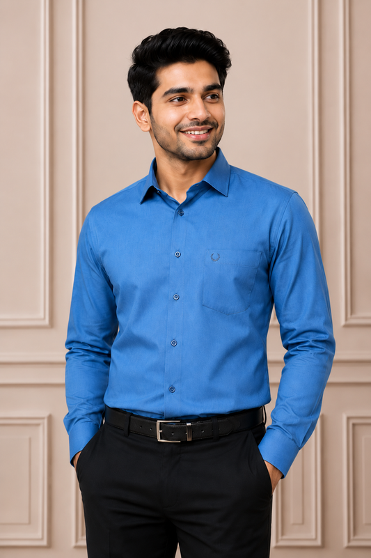 Men's Solid Blue Formal Shirt | Premium Tailored Fit | Full Sleeves