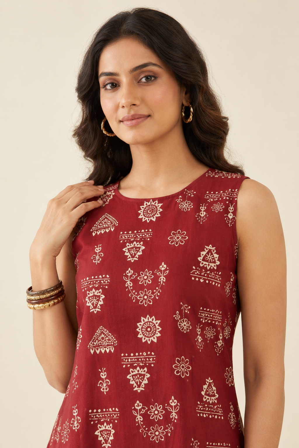 Maroon Tribal Warli Print Sleeveless A-Line Co-Ord set