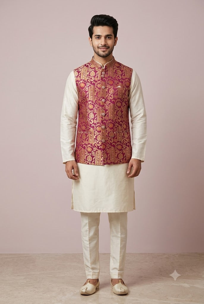 Maroon Brocade Nehru Jacket