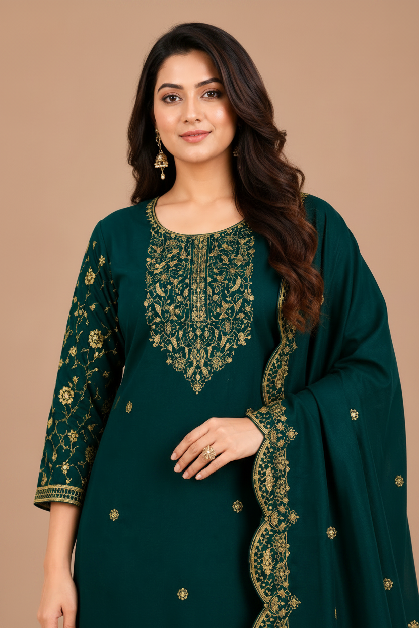 Dark Teal Embroidered Kurta Pant & Dupatta Set for Women