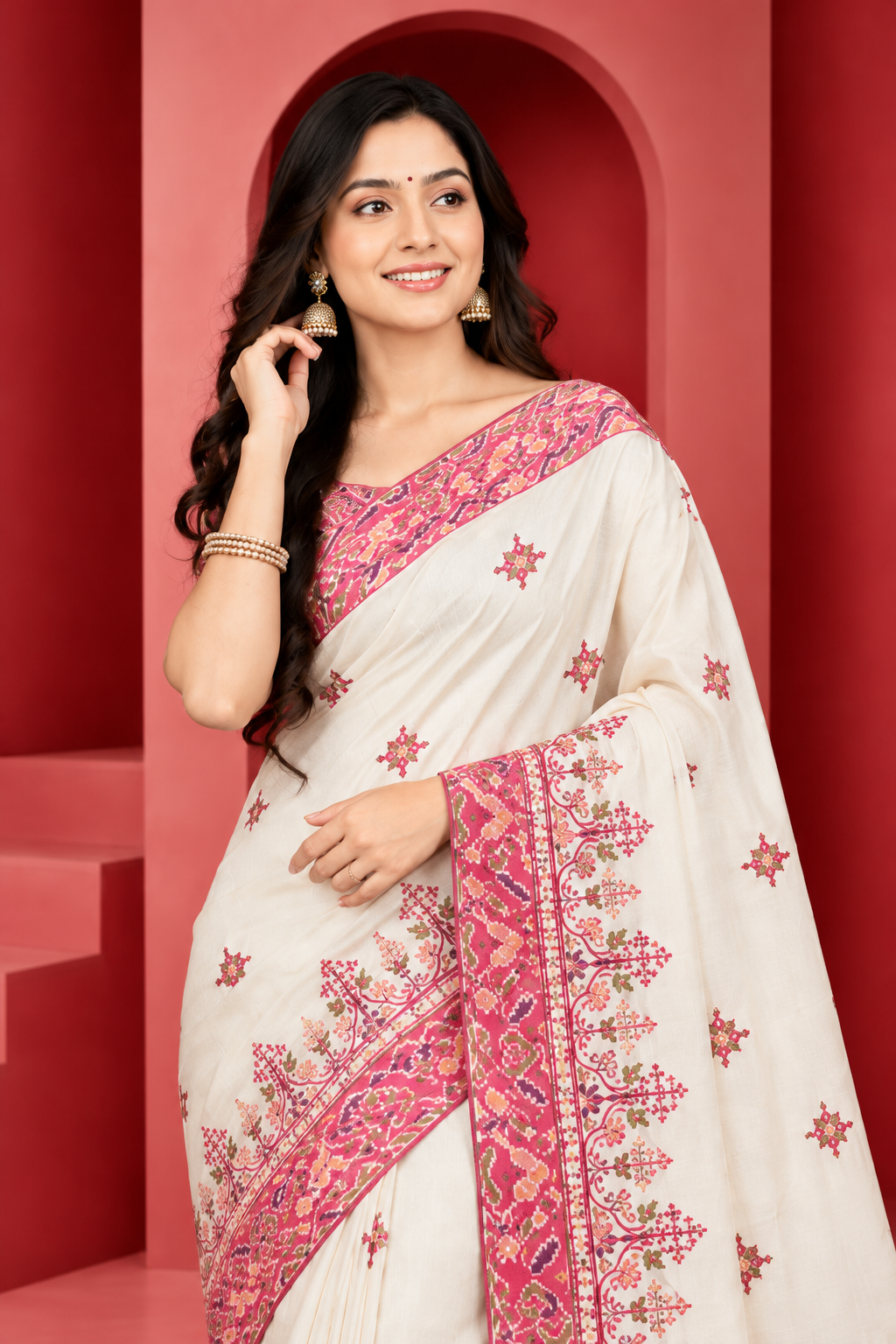 : Elegant White Saree with Pink Embroidered Border